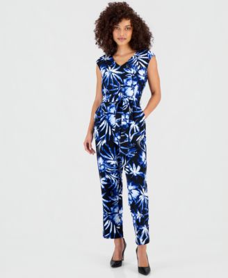 Anne Klein Essentials - Petite Printed Tie-Waist Jumpsuit