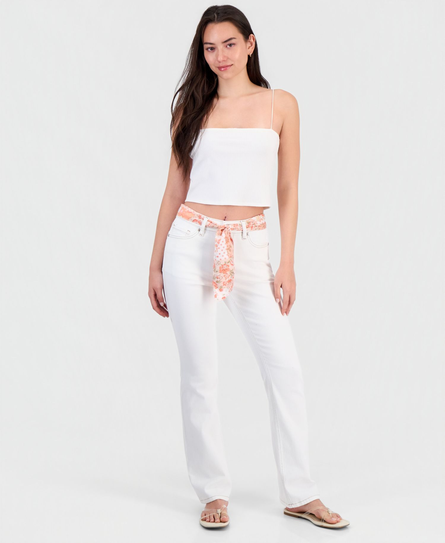 Juniors' Mid-Rise Scarf-Belt Bootcut Jeans