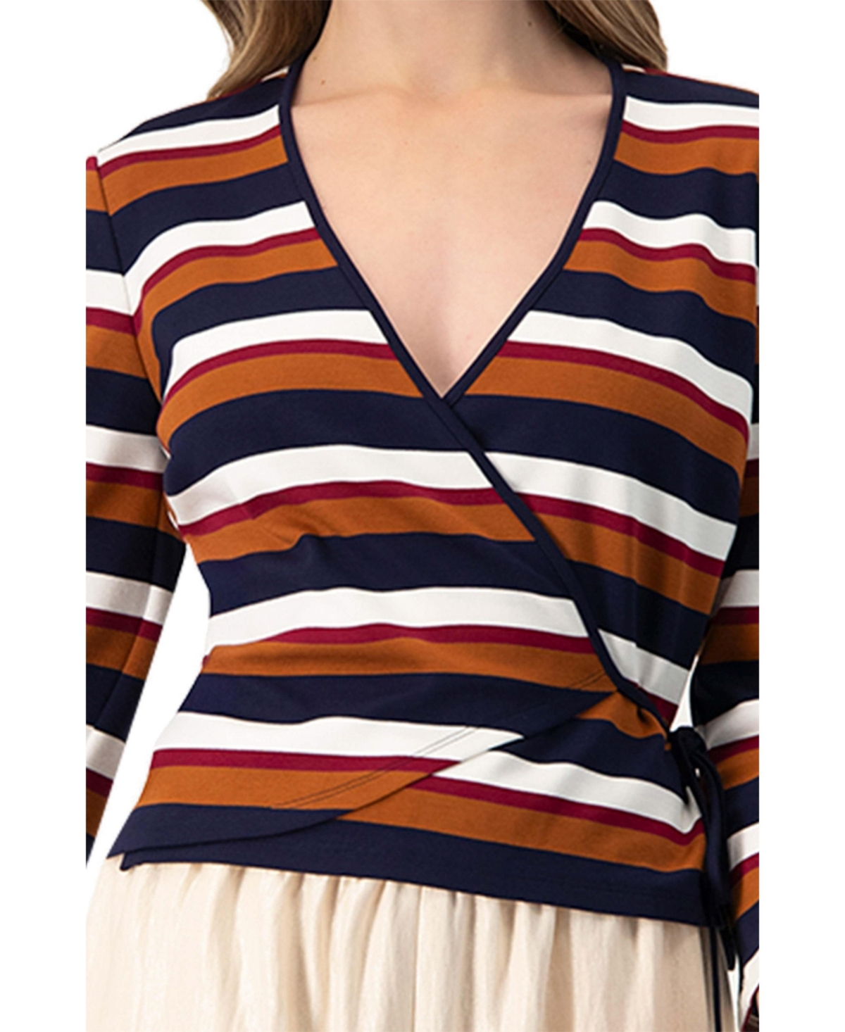 Ivonne Women's V-Neck Wrap Blouse with Color Block Stripes