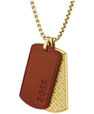 Men Devon Ionic Plated Thin Gold Steel Brown Leather Necklace