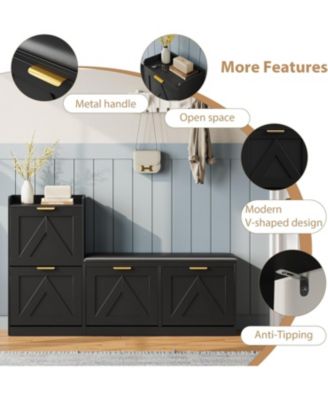 Farmhouse Entryway Shoe Cabinet with Bench & 4 Flip Drawers, Comfort Cushioned Shoe Storage