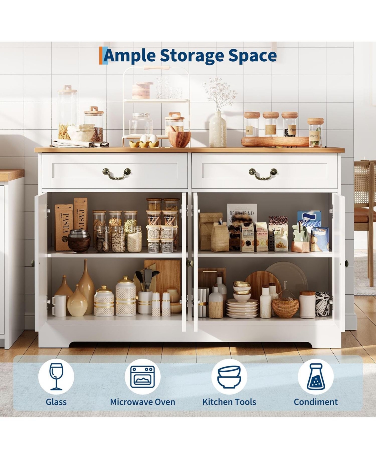 gaomon 57 Inch Farmhouse Buffet Cabinet with Storage, White Sideboard with 4 Doors & 2 Drawers, Adjustable Shelves Coffee Bar Cabinet