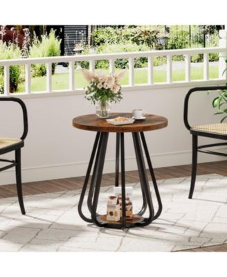 Small Round Side Table, 2-Tier Sofa End Table with Metal Frame and Lower Shelf, Wooden Bedside Nightstand, Vintage Brown & Black