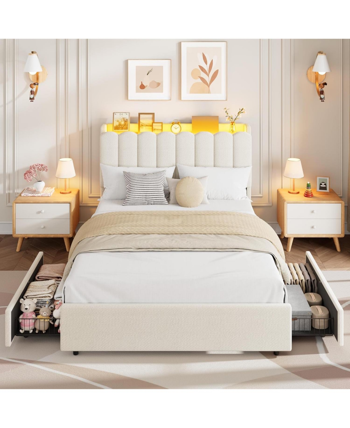 gaomon Led Full Size Bed Frame with Storage Headboard, Kids Bed Frame with 2 Drawers, Boucle Upholstered Platform Bed for Girls