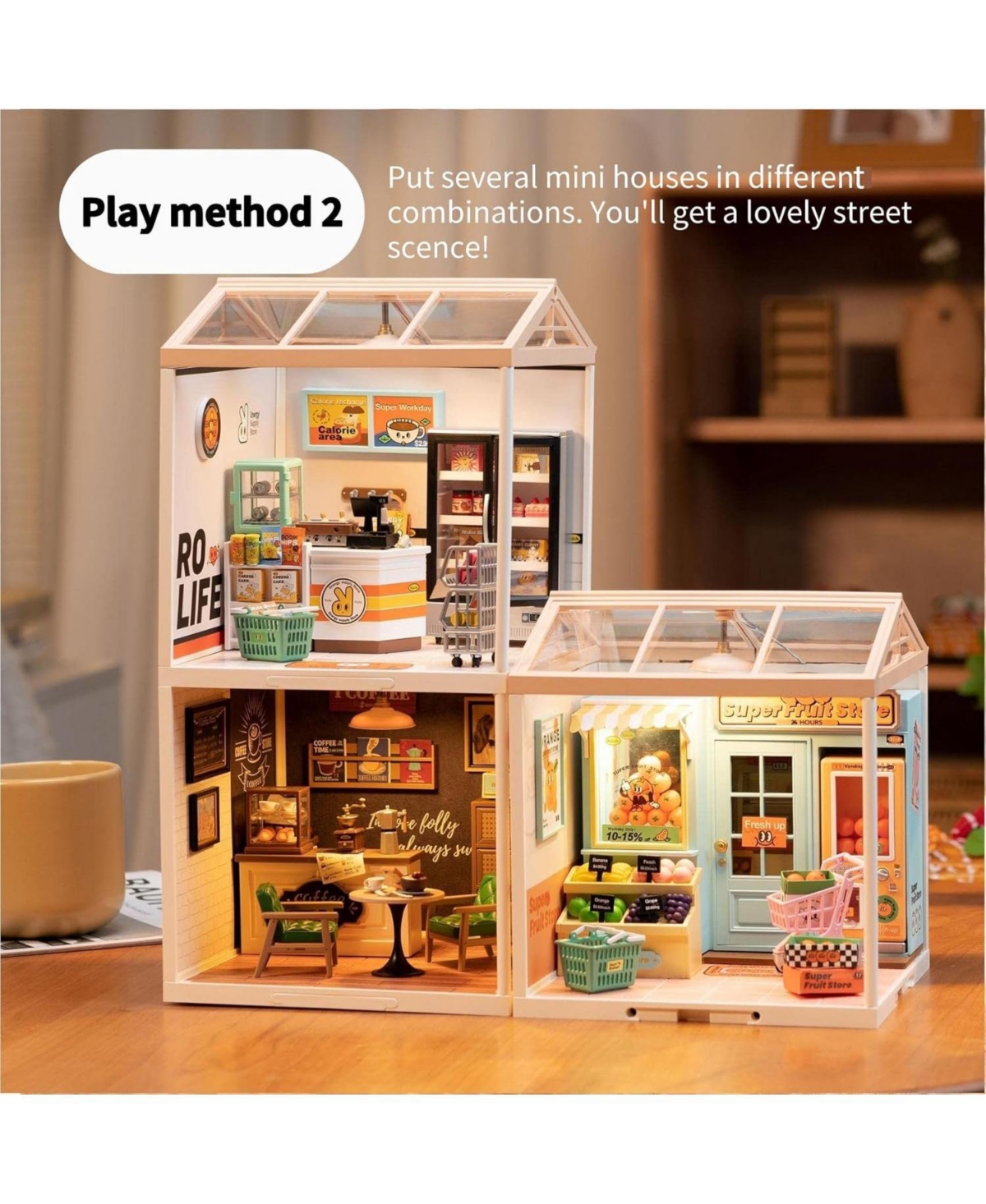 Robotime Plastic House Building Set Toy Diy Miniature Dollhouse Playset with Led for Mini Figures Construction Toys Diorama Kit Gifts for Adults