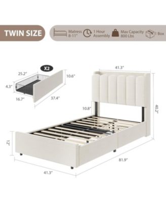 LED Full Size Bed Frame with Storage Headboard, Kids Bed Frame with 2 Drawers, Boucle Upholstered Platform Bed for Girls
