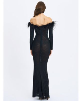 Women's Emberly Black Fur Trimmed Off-Shoulder Rhinestone Mermaid Maxi Dress