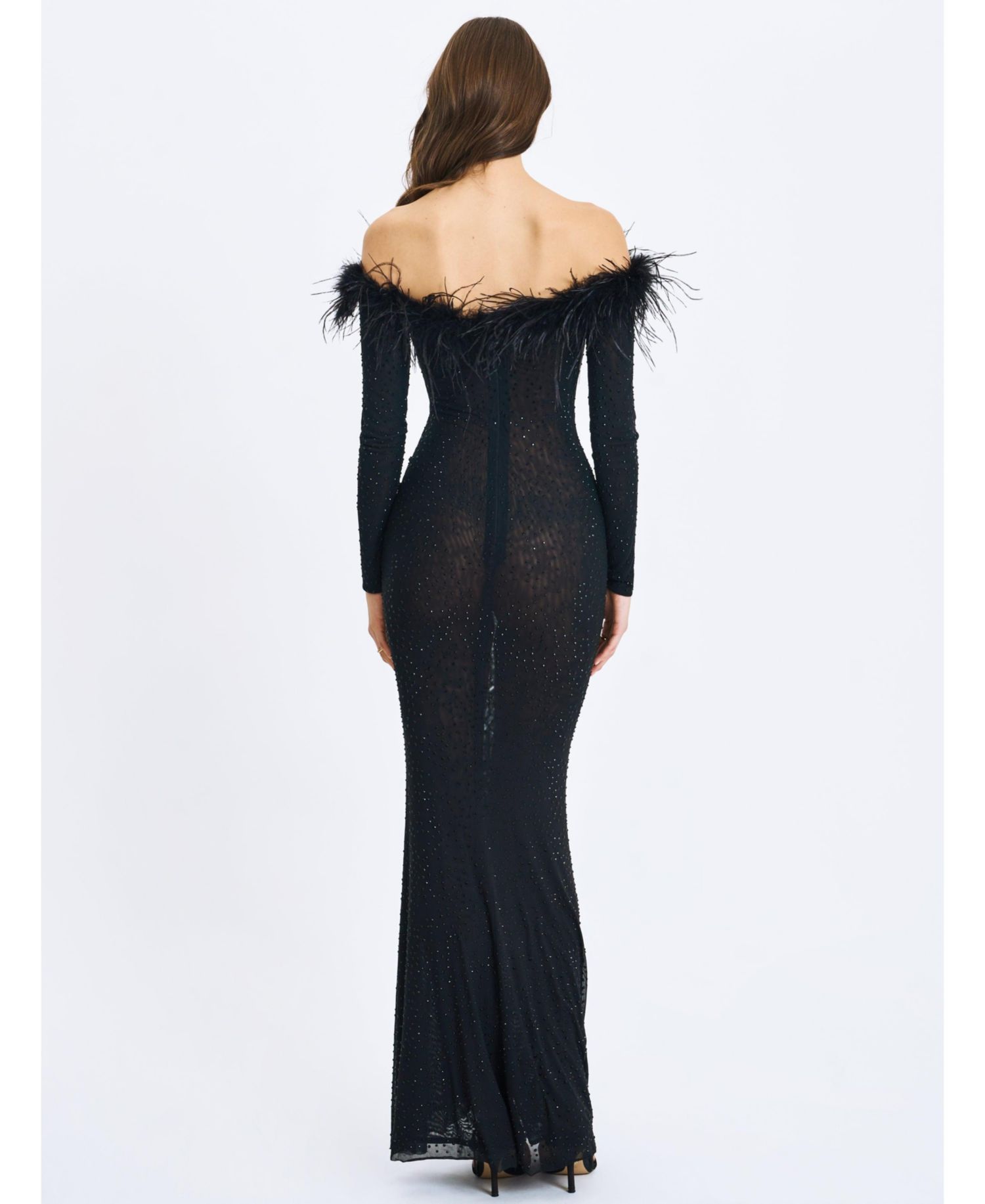 Women's Emberly Black Faux Fur Trimmed Off-Shoulder Rhinestone Mermaid Maxi Dress