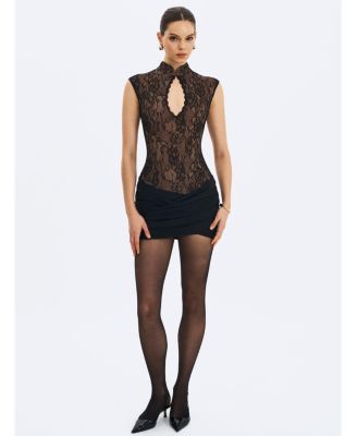 Women's Valerie Black Lace Teardrop Neckline Ruched Mini Dress