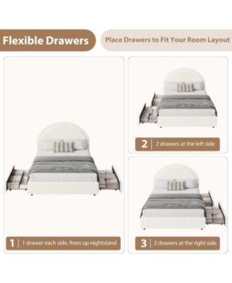 Boucle Bed Frame with 2 Storage Drawers, Soft Upholstered Platform Bed Frame with Round Headboard, Heavy Duty, Wooden Slats, Noise Free