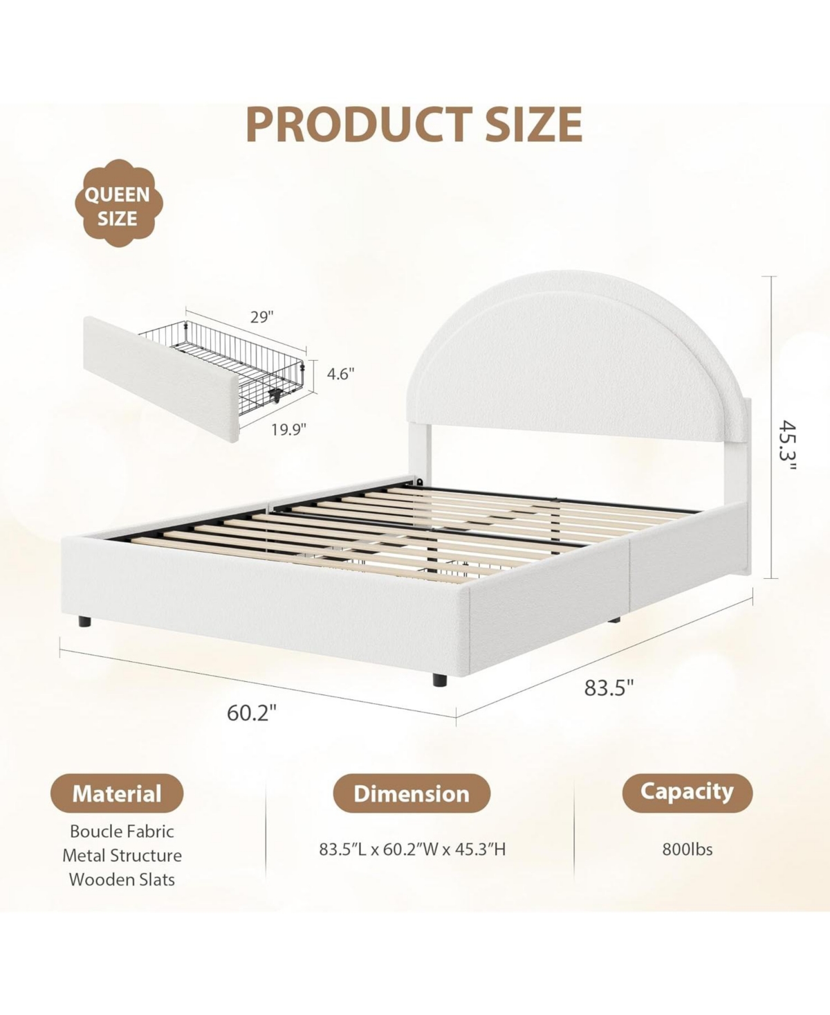gaomon Boucle Bed Frame with 2 Storage Drawers, Soft Upholstered Platform Round Headboard, Heavy Duty, Wooden Slats