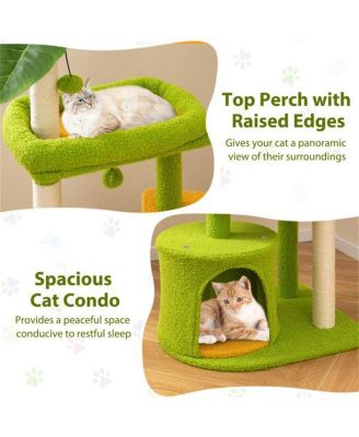 Tropical-Themed Cat Tree with Self-Grooming Brush, 48-Inch Space-Saving Design with Scratching Posts, Green and Orange Leaves