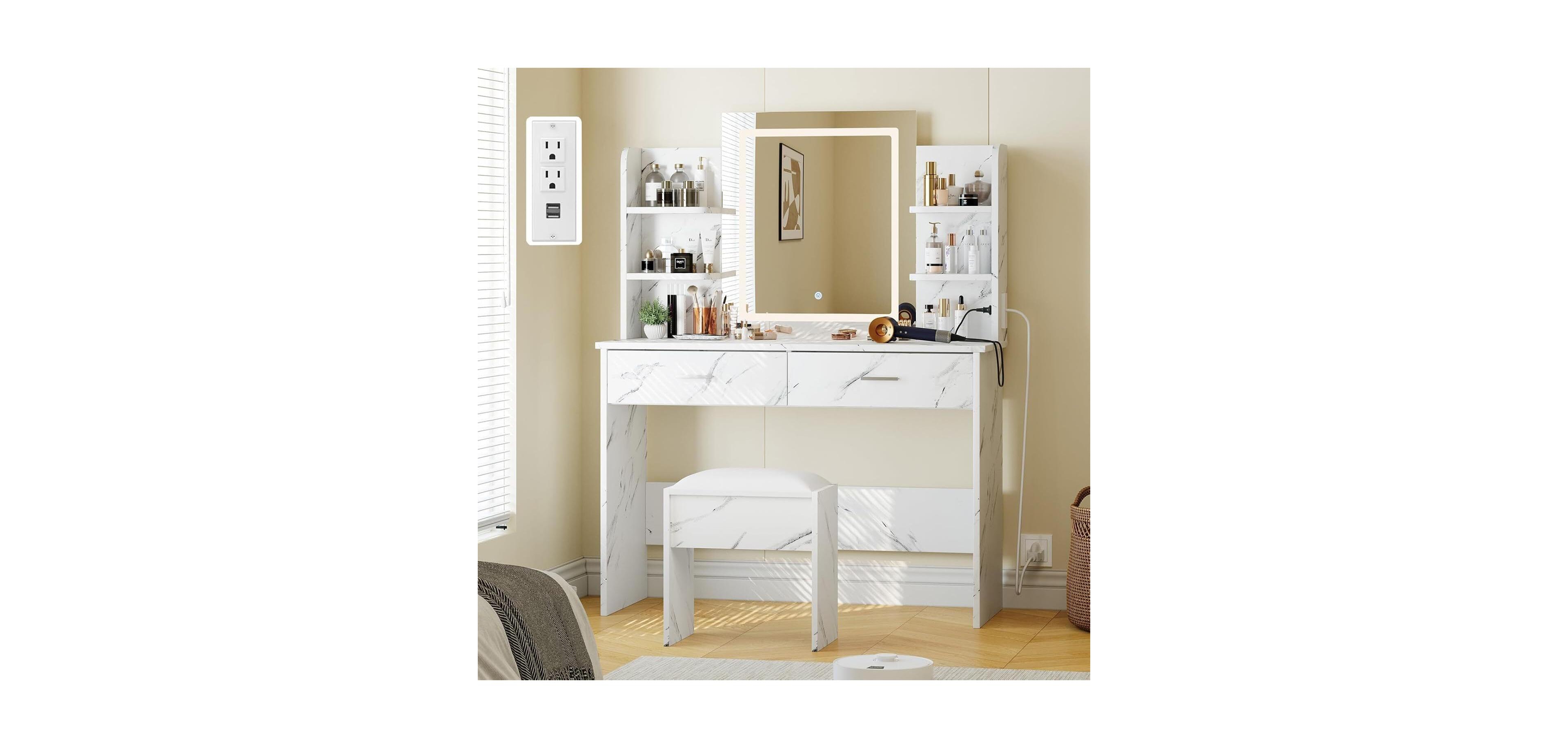 Gaomon 2-Drawer 6-Shelf Vanity Desk, Lighted Mirror Makeup Table for Bedroom