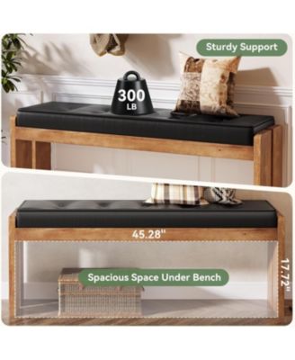 47-Inch Solid Wood Entryway Bench, Modern End of Bed Bench with Button-Tufted Leather Pad and Wooden Legs