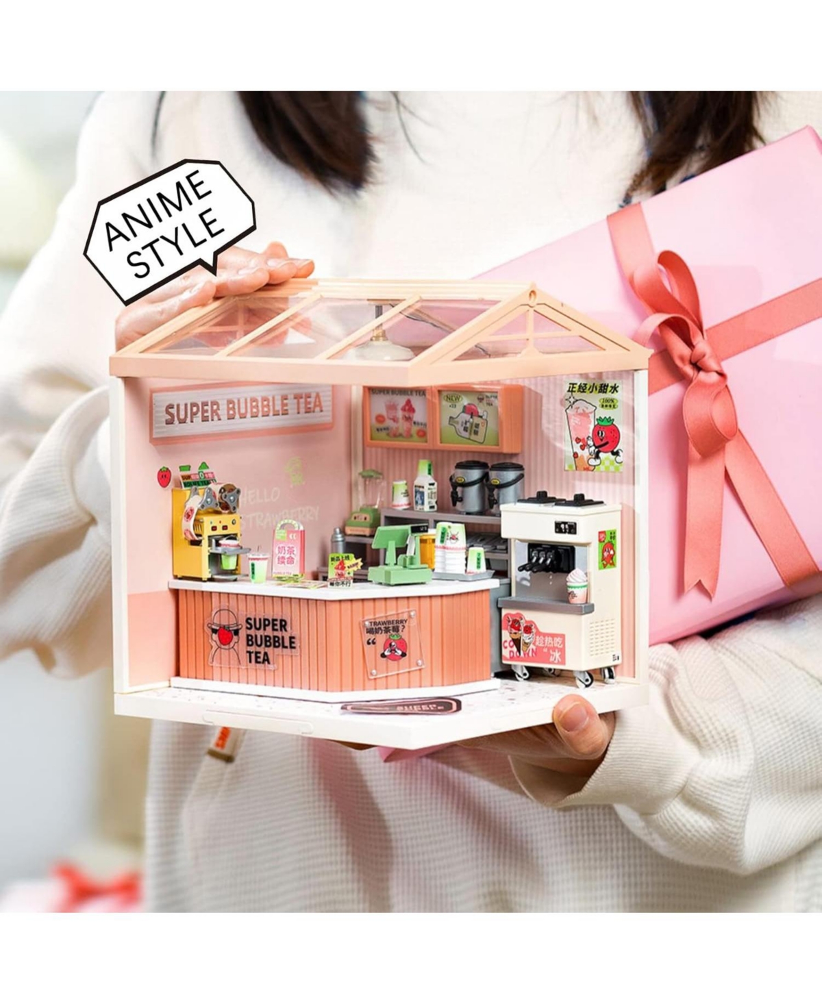 Robotime Led Building Blocks for Adults,1:24 Toy Building Sets,Model Building Kits Kids Ages 8-15 Diy Miniature Dollhouse Kits Double Joy Bubble Tea