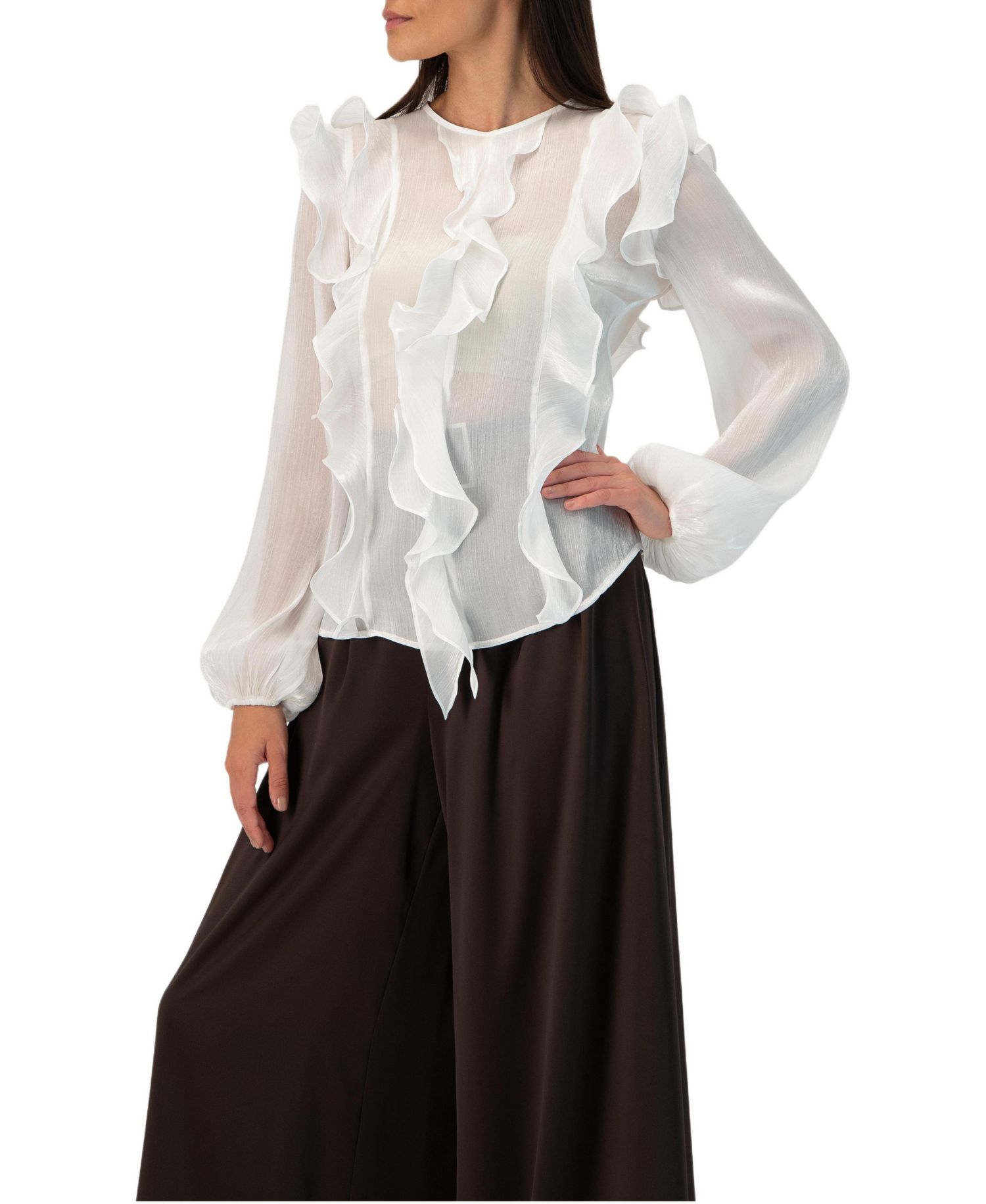 Women's Long Sleeve Sheer Blouse with Ruffle Detail