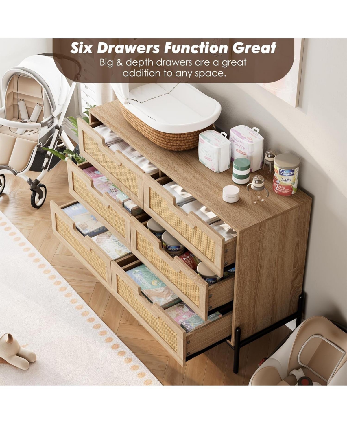 gaomon Rattan Drawer Dresser for Bedroom, Modern Farmhouse Wooden Storage Cabinet with