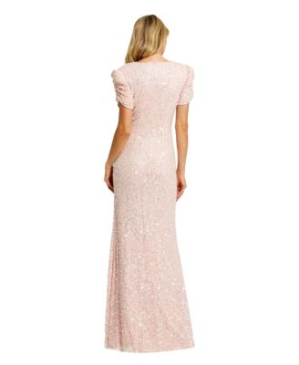 Women's Petite Gathered Short Sleeve Beaded Gown