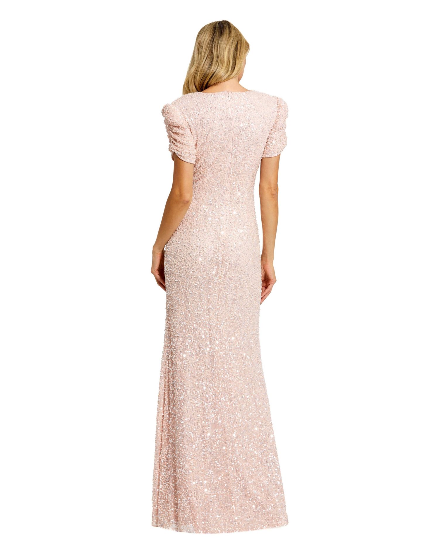 Women's Petite Gathered Short Sleeve Beaded Gown