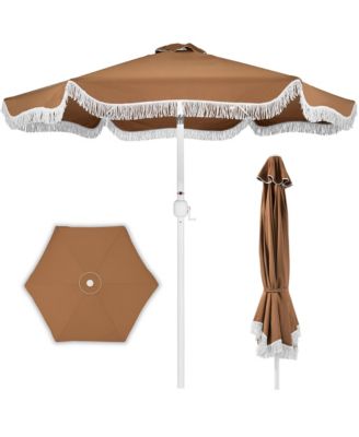 9ft Fringe Market Umbrella – Boho Patio Sunshade w/ Tilt, UPF50+, Steel Pole for Table, Pool, Deck