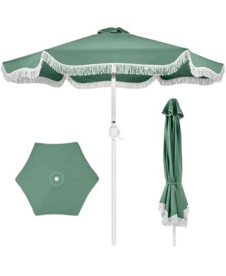 9ft Fringe Market Umbrella - Boho Patio Sunshade w/ Tilt, UPF50+, Steel Pole for Table, Pool, Deck