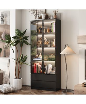 Display Cabinet with 2 Glass Doors and Lights, 4-Tier Storage Shelves and 2 Drawers