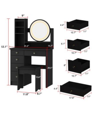 Light Mirror 5-Drawers Black Wood Makeup Vanity Set Dressing Desk