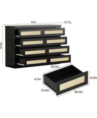 Rattan Dresser for Bedroom, Modern 8 Drawer Wooden Dresser Chest, Wide Wood Beside Table for Closet, Nursery, Living Room and Entryway