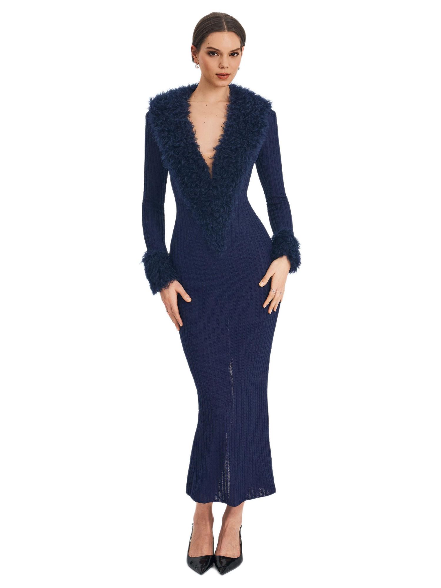 Women's Romina Plunging Faux Fur Trimmed Crochet Maxi Dress