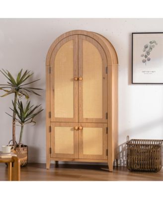 Arched Kitchen Pantry Cabinet, 63.39" Tall Arched Bookcase Rattan Storage Cabinet with Doors Adjustable Shelves