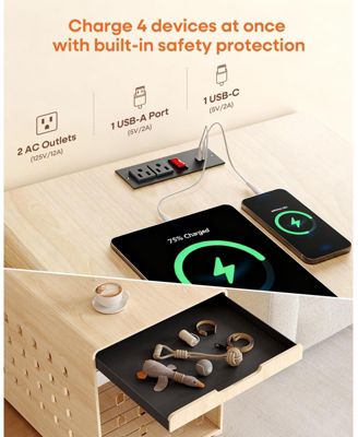 37-Inch Oak Dog Crate Furniture with Charging Station, Large Indoor Wood Kennel Side Table with Flip Up Acrylic Door