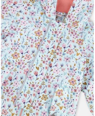 Baby Girl Mid-Season One-Piece Outerwear with Hat Blue Mini Flower Print