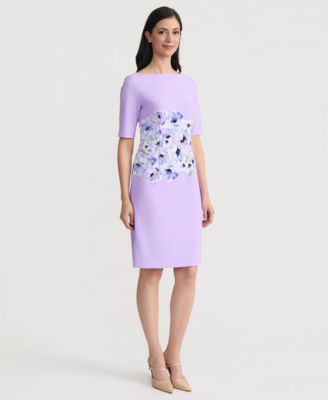 Women's Printed Scuba Crepe Elbow-Sleeve Sheath Dress