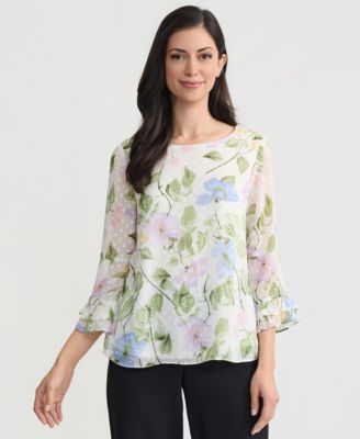 CLIP DOT FLROAL PRINT RUFFLE SLEEVE BLOUSE