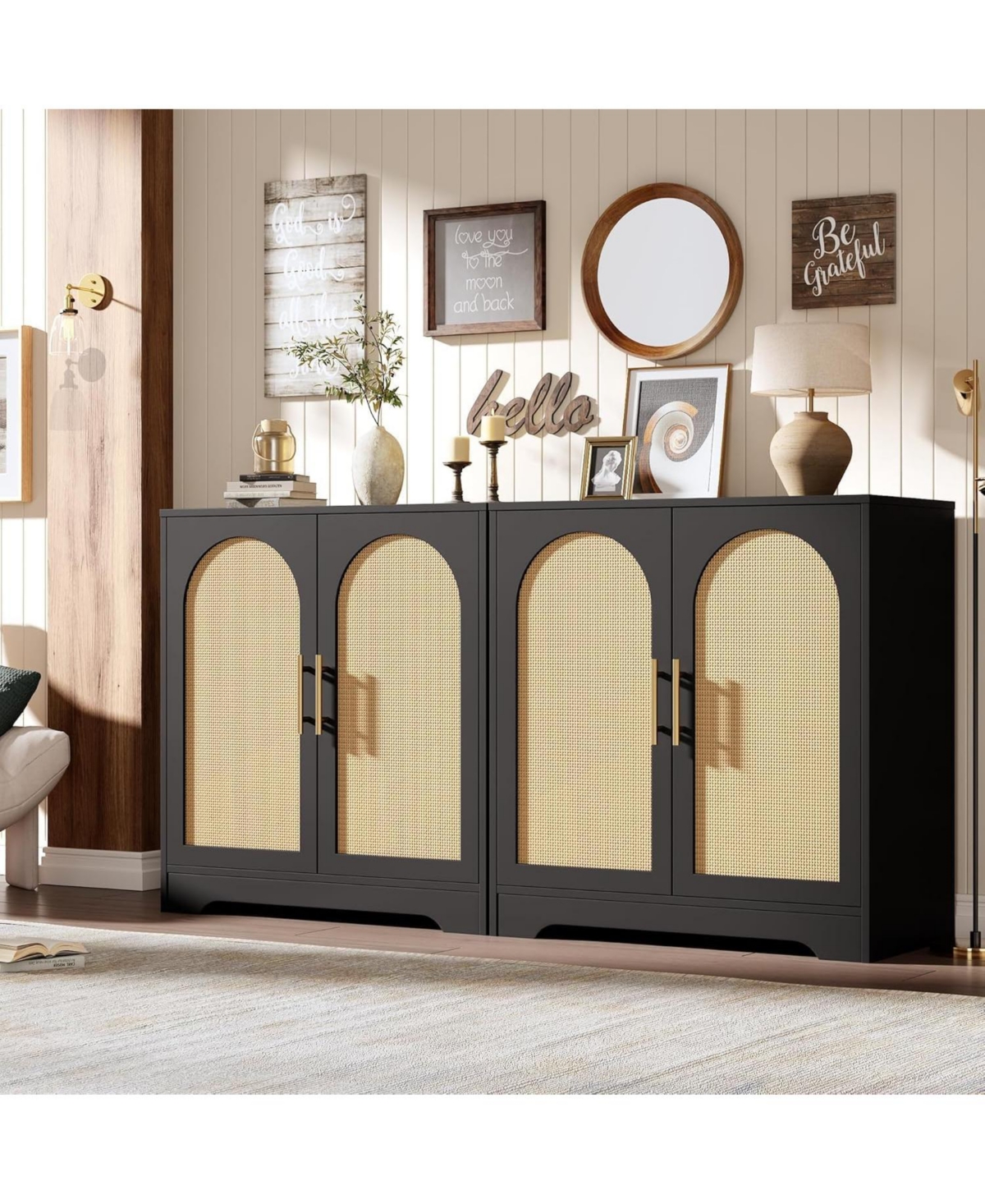 gaomon Modern Console Table Storage with 2 Rattan Doors and Shelves