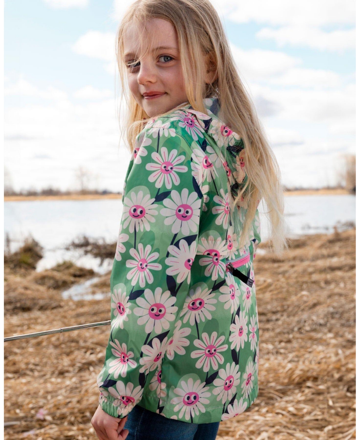 Deux par Deux Toddler Packable Windbreaker in Polyester Smiling Flower Print