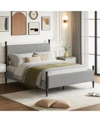 Bed Frame with Vertical Stripes headboard, Corduroy upholstered Bed upholstered Bed Frame with Vintage Metal Legs, no Box Spring Needed