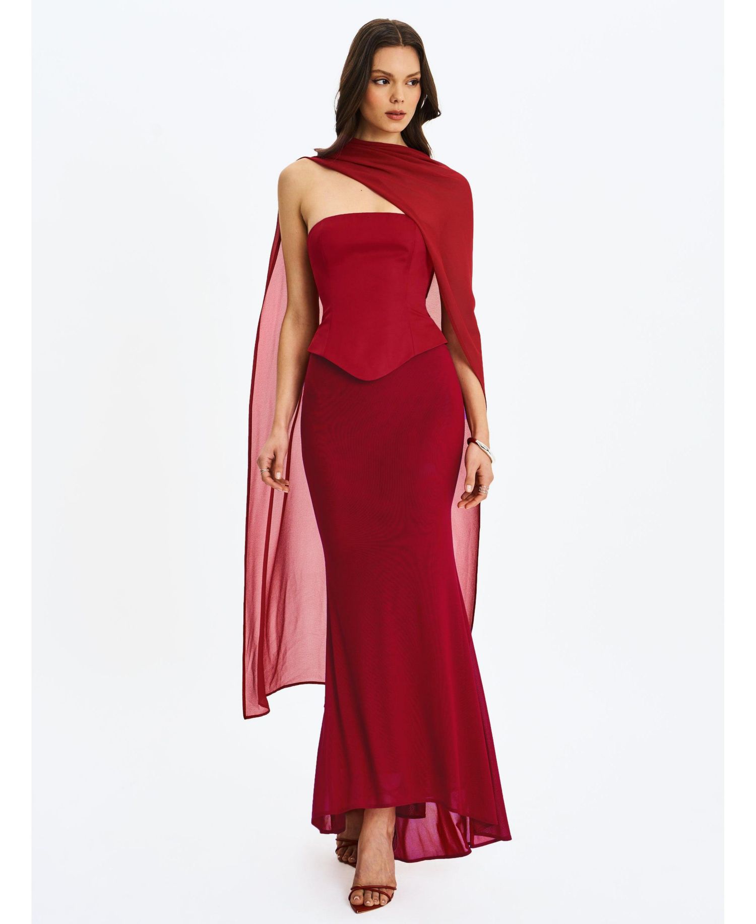 Women's Giselle Crimson Peplum Mermaid Gown with Chiffon Scarf
