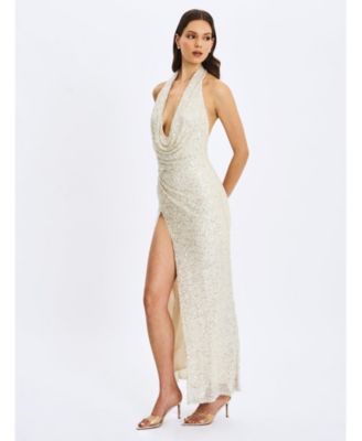 Women's Niamh Golden Beaded Cowl Halter Backless Maxi Dress