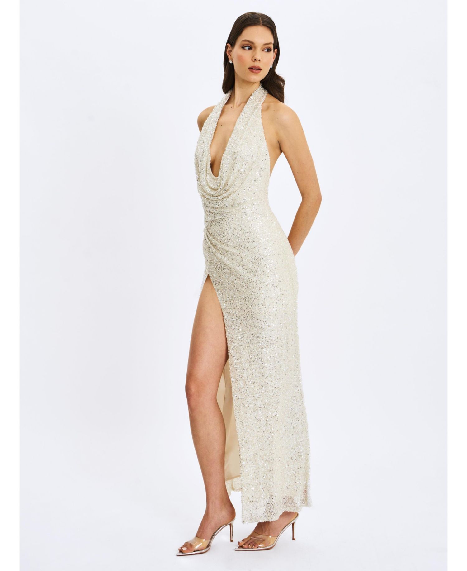 Women's Niamh Golden Beaded Cowl Halter Backless Maxi Dress