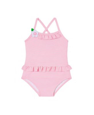 Little Girls Stripe Seersucker Swimsuit with Flower