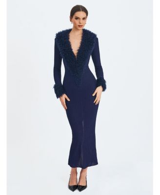 Women's Romina Plunging Fur Trimmed Crochet Maxi Dress
