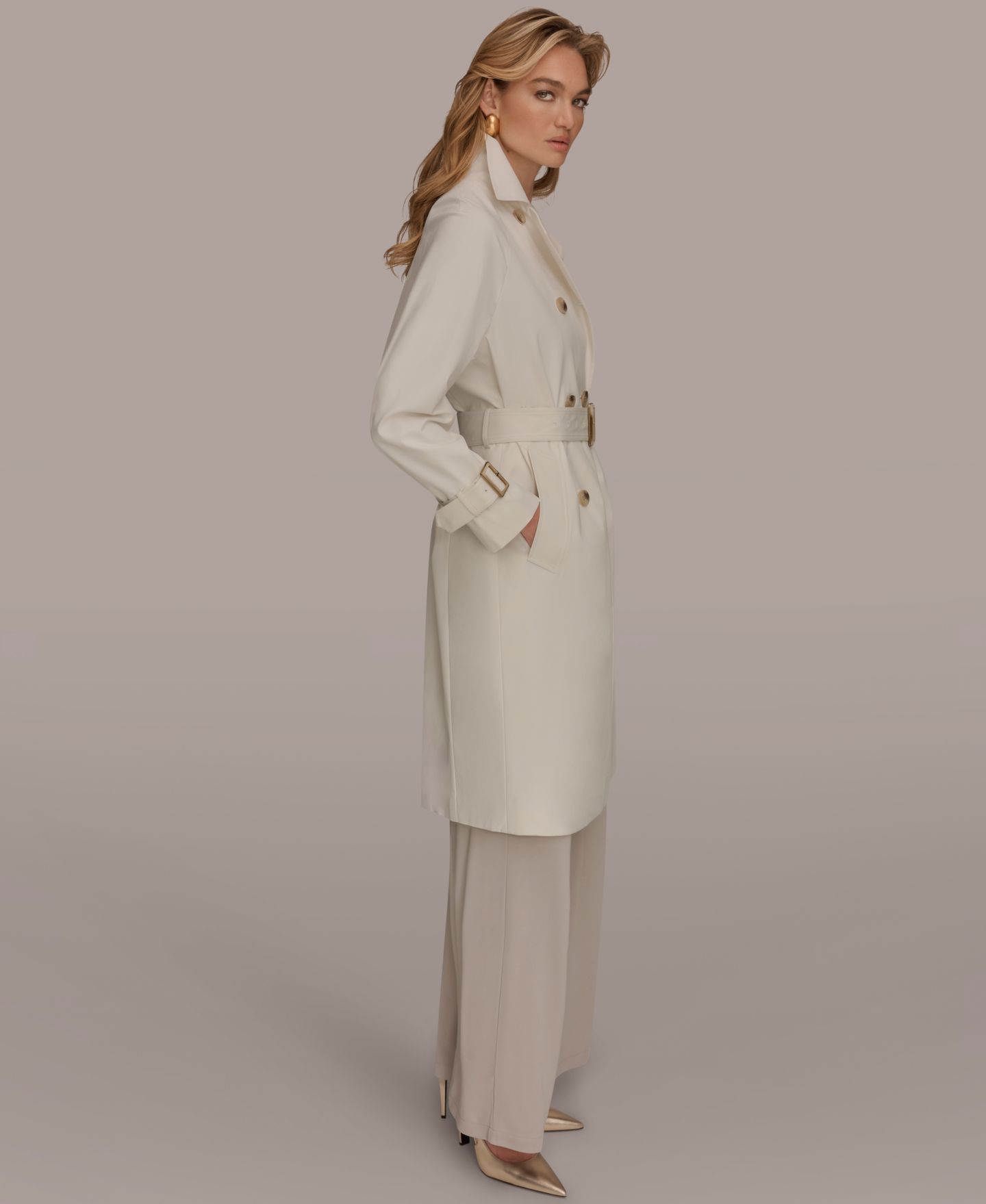 Женское пальто Donna Karan New York Double Breasted Belted Notch Collar Trench, цвет: Кремовый — фото 3