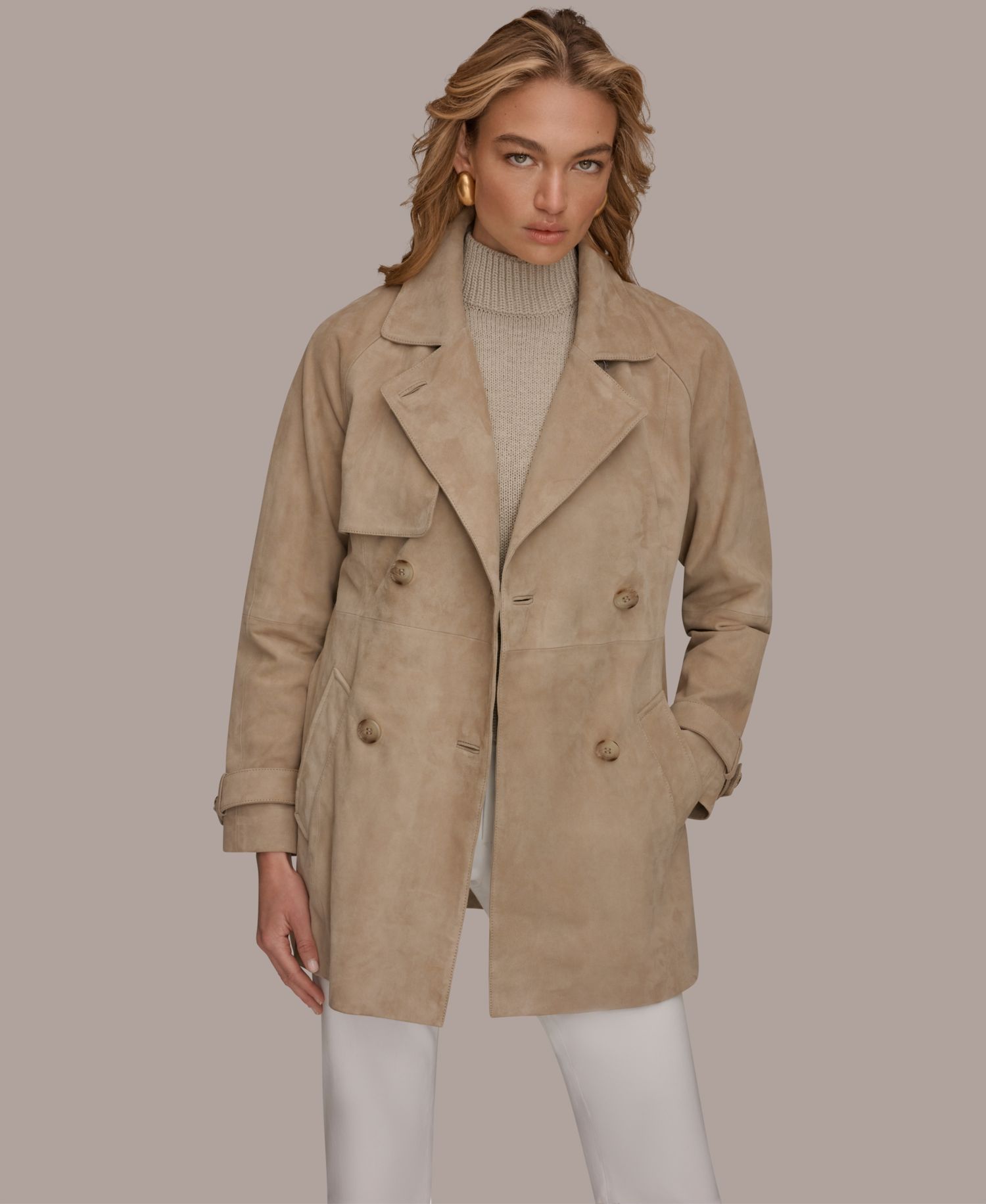Women's Double Breasted Belted Suede Trench Coat