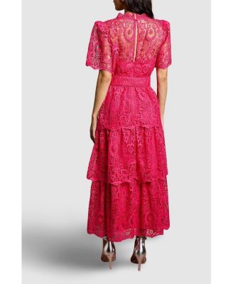 Women's Short Sleeve Tiered Lace Midi Dress