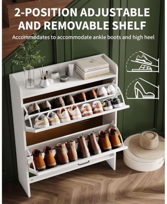 Shoe Cabinet Organizer with 2 Flip Drawers, Freestanding Narrow Shoe Rack for Entryway, Freestanding Hidden Shoe Storage Cabinet for Entryway