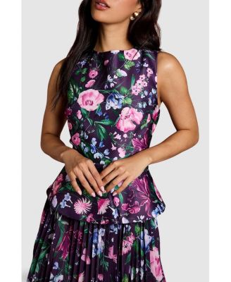 Women's Structured Print Pleated Midi Dress