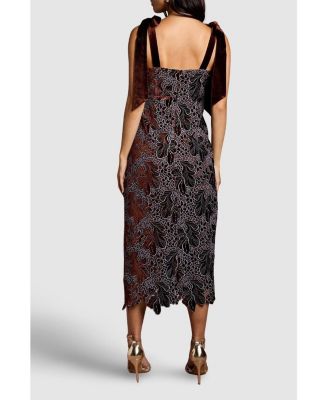 Women's Velvet Lace Tie Shoulder Midi Dress