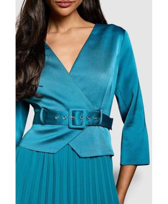 Women's Satin Bodice Pleat Skirt Midi Dress.