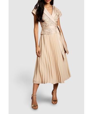 Women's Lace Wrap Top Pleat Tux Midi Dress